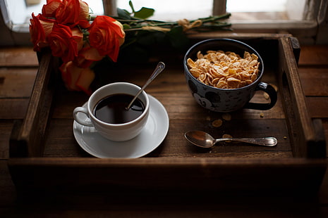 белая керамическая чашка, завтрак, кофе, еда, HD обои HD wallpaper