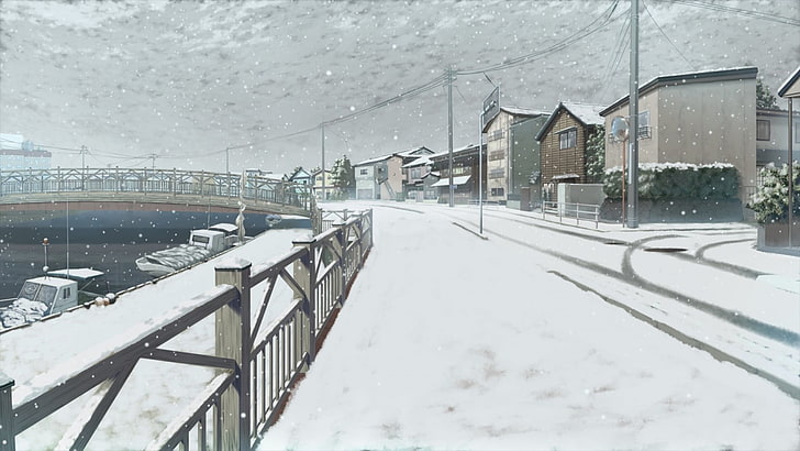 път, покрит със снежна илюстрация, пейзаж, сняг, пристанище, лодка, ветроходство, мост, река, аниме, HD тапет