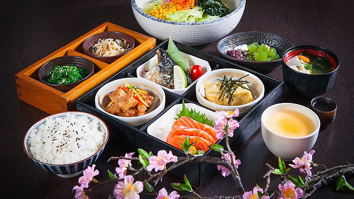 Lachs mit Gemüse, Lebensmittel, Reis, chinesisches Essen, Suppe, Geschirr, HD-Hintergrundbild