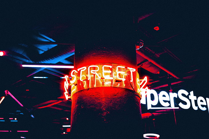 Rote Straße Neon Signage, Inschrift, Neon, Hintergrundbeleuchtung, Säule, HD-Hintergrundbild