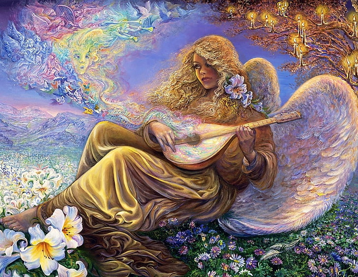 Pintura de anjo, menina, anjo, melodia, música, flores, velas, HD papel de parede