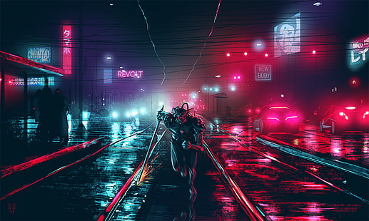 noite, paisagem urbana, escuro, luzes, futurista, cyberpunk, Cyberpunk escuro, HD papel de parede HD wallpaper