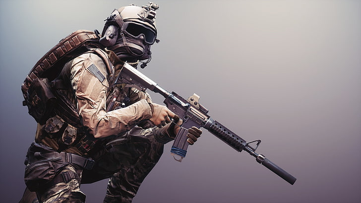black assault rifle illustration, weapons, background, soldiers, equipment, Battlefield 4, HD wallpaper