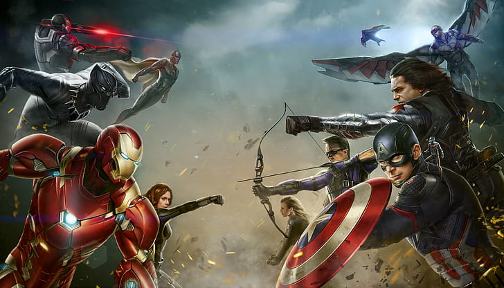 Супергерои, Зимен войник, Черна пантера, Капитан Америка, 8K, Черна вдовица, 4K, Капитан Америка: Гражданска война, Соколи, Военна машина, Комикси на Marvel, Железният човек, HD тапет