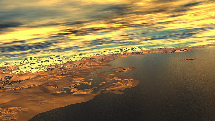 Graphic sunset, aerial photo sea, sunset, 3d, graphic, landscape, HD wallpaper