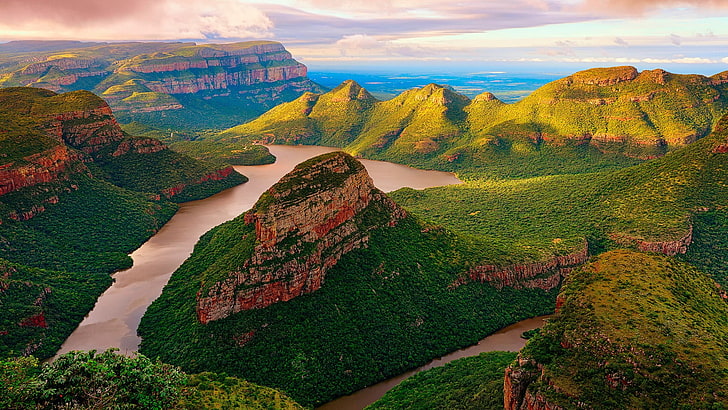 body of water and mountain, nature, landscape, mountains, trees, clouds, bird's eye view, forest, South Africa, canyon, river, rock, valley, HD wallpaper