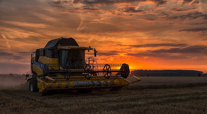 field, sunset, harvester, HD wallpaper