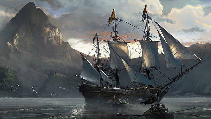vitt och brunt skepp, Assassin's Creed, pirater, videospel, Assassin's Creed: Black Flag, HD tapet