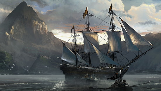 бял и кафяв кораб, Assassin's Creed, пирати, видео игри, Assassin's Creed: Black Flag, HD тапет HD wallpaper