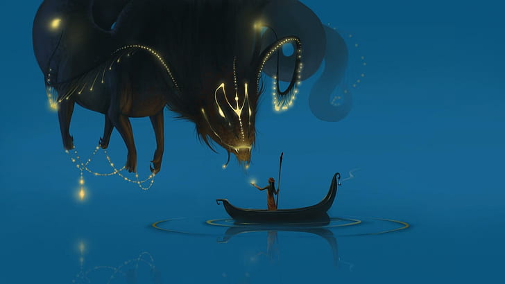The Offering, ilustración de la constelación de tauro, agua, luz, fantasía, barco, 3d y abstracto, Fondo de pantalla HD