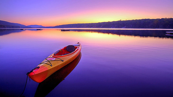 riflessione, distretto dei laghi, orizzonte, cielo, barca, kayak, lago, natura, acqua, alba, calma, mattina, alba, cielo viola, lago, kayak, Sfondo HD