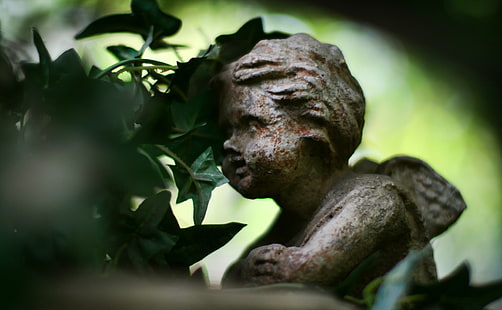 Garden, cherub concrete statue, Artistic, Sculpture, statue, garden, angel, HD wallpaper HD wallpaper