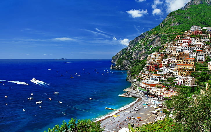 Positano, Salerno, Italia, Pantai, Bukit, Wallpaper HD