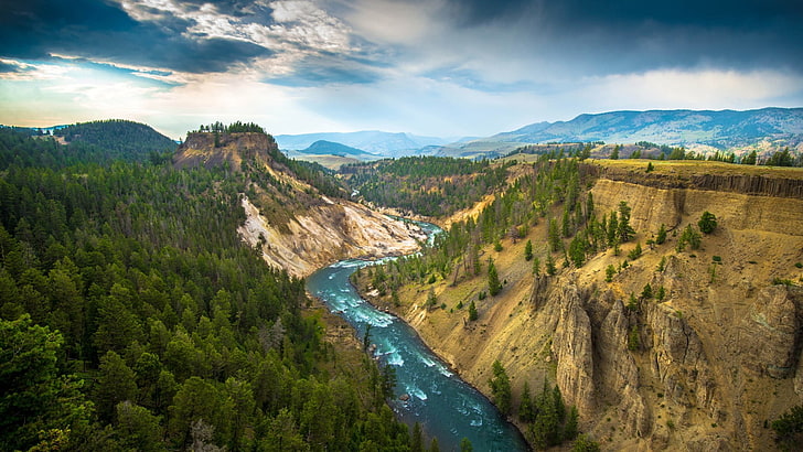 água, natureza, desfiladeiro, rio, Parque Nacional de Yellowstone, nublado, paisagem, Wyoming, HD papel de parede
