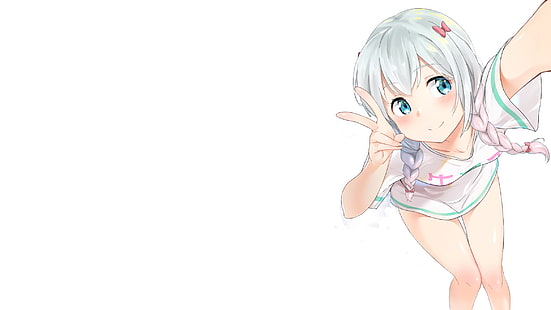 blaue Augen, Loli, Anime, Anime Girls, weiße Kleidung, weißes Haar, weißer Hintergrund, Eromanga-sensei, Izumi Sagiri, HD-Hintergrundbild HD wallpaper