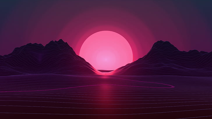 retrowave、山、紫、日の出、日没、紫色の背景、ピンク、抽象、 HDデスクトップの壁紙