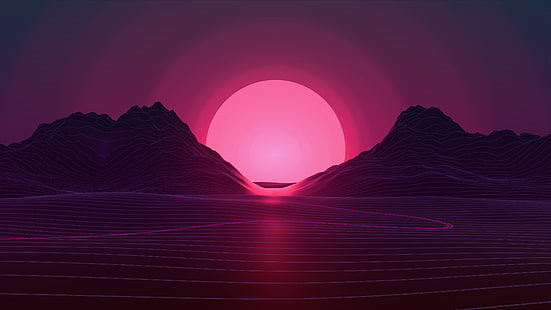 mikrovågsugn, berg, lila, soluppgång, solnedgång, lila bakgrund, rosa, abstrakt, HD tapet HD wallpaper