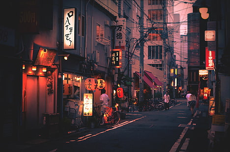 city, Japan, Japanese characters, Asia, urban, street, lights, HD wallpaper HD wallpaper