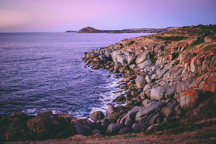 gray boulders, granite island, australia, rocks, beach, HD wallpaper