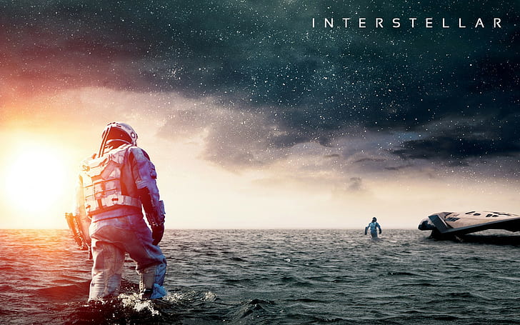 Interestelar, película, astronauta interestelar, interestelar, agua, barco, océano, cielo, Fondo de pantalla HD
