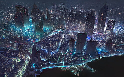 تصوير جوي لمنظر سيتي سكيب أثناء الليل ، سيتي سكيب ، منظر جوي ، فن رقمي ، سايبر بانك ، مدينة مستقبلية، خلفية HD HD wallpaper