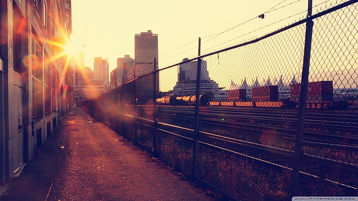 cidade, pátio ferroviário, raios de sol, ferrovia, HD papel de parede