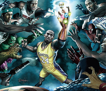 Лейкерс 24 иллюстрации, НБА, Леброн Джеймс, чемпионы, Коби Брайант, HD обои HD wallpaper