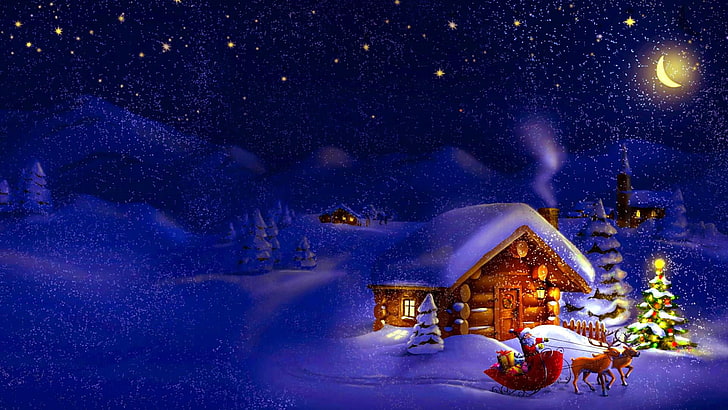 selamat natal, selamat tahun baru, natal, desa, santa, giring, rusa kutub, hadiah, langit, bintang, bulan, perayaan, Wallpaper HD