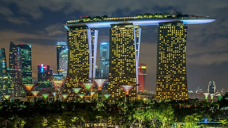 Singapur, Marina Bay Sands, Singapur, Marina Bay Sands, Hotel, edificio, luces, Fondo de pantalla HD
