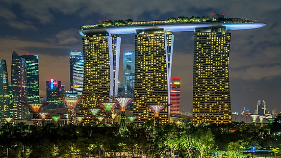 Singapur, Marina Bay Sands, Singapur, Marina Bay Sands, Hotel, Gebäude, Lichter, HD-Hintergrundbild HD wallpaper