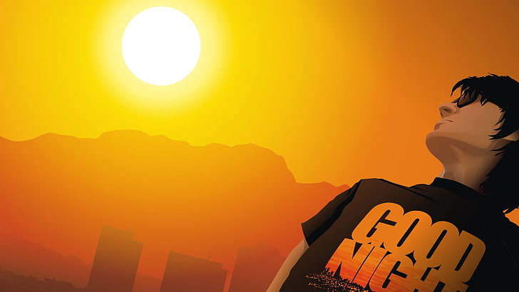 man in black and orange shirt digital wallpaper, sunset, city, buildings, sky, man, shirt, HD wallpaper