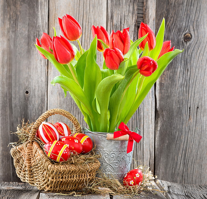 eggs, Easter, tulips, red, flowers, basket, HD wallpaper