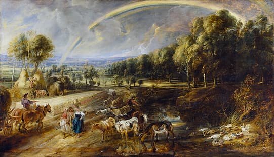 Peter Paul Rubens, Öl auf Leinwand, Ölgemälde, Gemälde, Landschaft, Himmel, Wolken, Bäume, Tiere, Menschen, HD-Hintergrundbild HD wallpaper