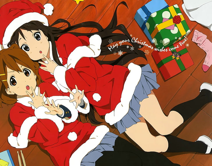 K-ON !, Hirasawa Yui, Akiyama Mio, anime, anime girls, Natal, topi Santa, Wallpaper HD
