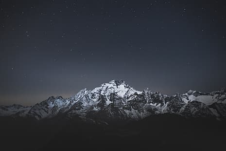 пейзаж, планини, природа, нощ, звезди, снежни шапки, HD тапет HD wallpaper