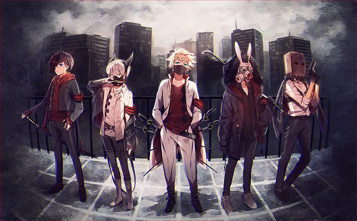 cinco personagens de anime, personagens originais, cabelo curto, olhos azuis, máscara, máscaras de gás, espada, faca, arma, pé de cabra, faixa de cabeça, cidade, noite, escuro, meninos anime, futurista, HD papel de parede