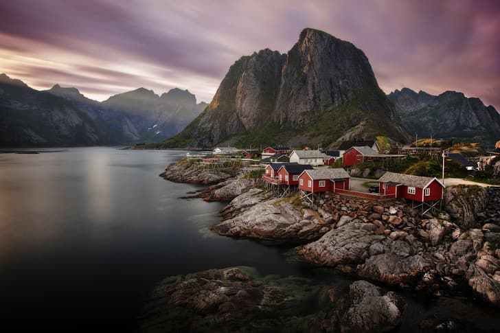 sea, landscape, mountains, stones, shore, village, home, Norway, The Lofoten Islands, Lofoten, Sergey Zalivin, Hamnøy, HD wallpaper