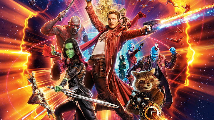 Poster Guardians of the Galaxy volume 2, Guardians of the Galaxy Vol.2, Bintang-Tuhan, Gamora, Drax, Rocket, Yondu Udonta, film terbaik, Wallpaper HD