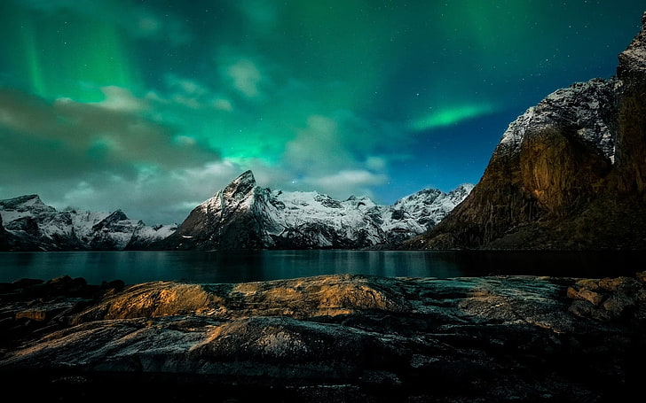 северное сияние, природа, озеро, горы, Норвегия, HD обои