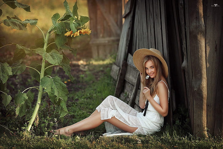 look, girl, smile, mood, sunflower, hat, Dmitry Arhar, HD wallpaper