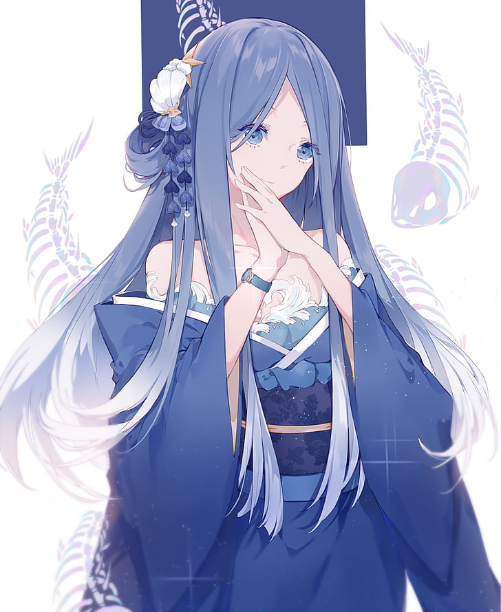 Anime, Anime Girls, lange Haare, blaue Haare, blaue Augen, HD-Hintergrundbild, Handy-Hintergrundbild