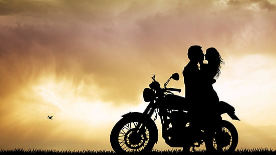 cielo, sagoma, amore, nuvola, motociclo, albero, paesaggio, coppia, motocicletta, romanticismo, Sfondo HD HD wallpaper