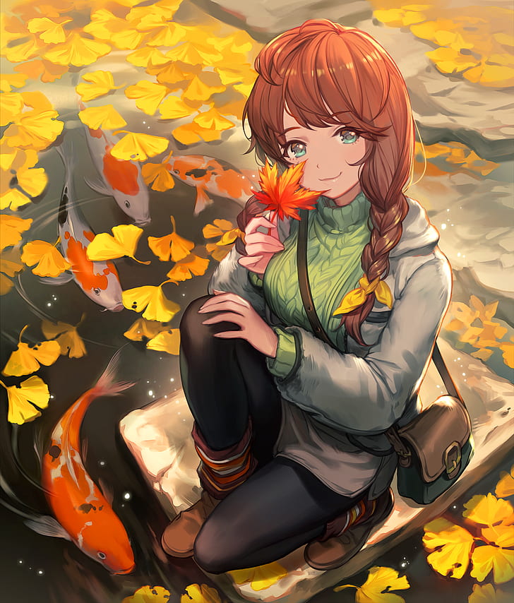 Anime, chicas anime, peces, al aire libre, morena, otoño, hojas, Fondo de  pantalla HD | Wallpaperbetter