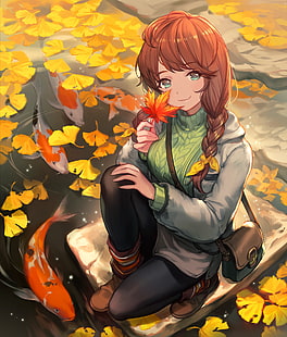 anime, anime girls, fish, outdoor, brunette, fall, leaves, Wallpaper HD HD wallpaper