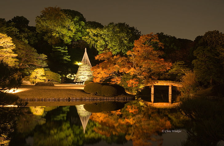 Японска градина през нощта, Азия, Япония, пейзаж, есен, градина, листа, Sony, японски, Токио, алфа, автофокус, sonyalphadslr, rikugien, HD тапет