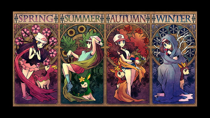 илюстрация на четири момичета, май (покемон), покемон, треньори на покемони, зората (покемон), Хилда (покемон), зелено (оригинална покемон поредица), хикари (покемон), HD тапет