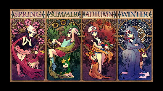ilustracja czterech dziewczyn, May (pokemon), Pokémon, trenerzy Pokémon, Dawn (Pokemon), Hilda (pokemon), Green (oryginalna seria pokemonów), Hikari (pokemon), Tapety HD HD wallpaper