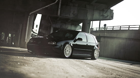berlina a 3 porte nera, ponte, Golf, Volkswagen, Sfondo HD HD wallpaper