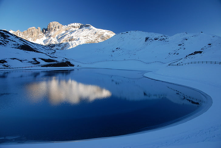 озеро, горы, снег, отражение, HD обои