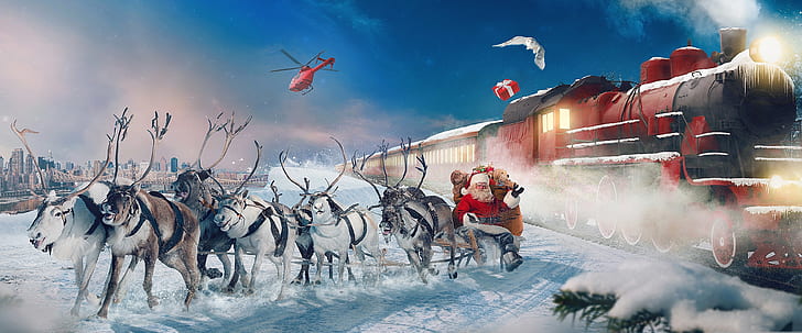 Holiday, Christmas, Reindeer, Santa, Sleigh, Train, Winter, HD wallpaper